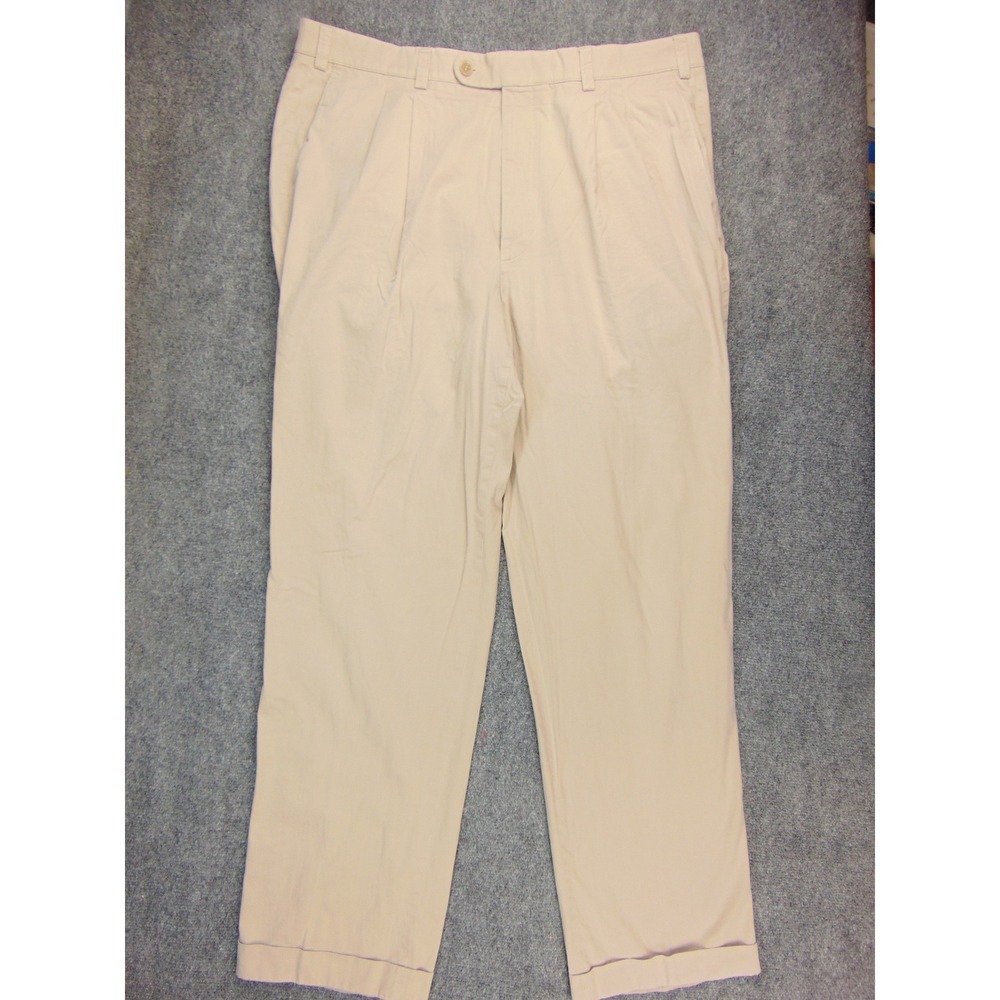 Hiltl Trousers Mens 40x38 ZE 600 Beige Solid‎ Pleated Cuffed Luxury Chino Pants